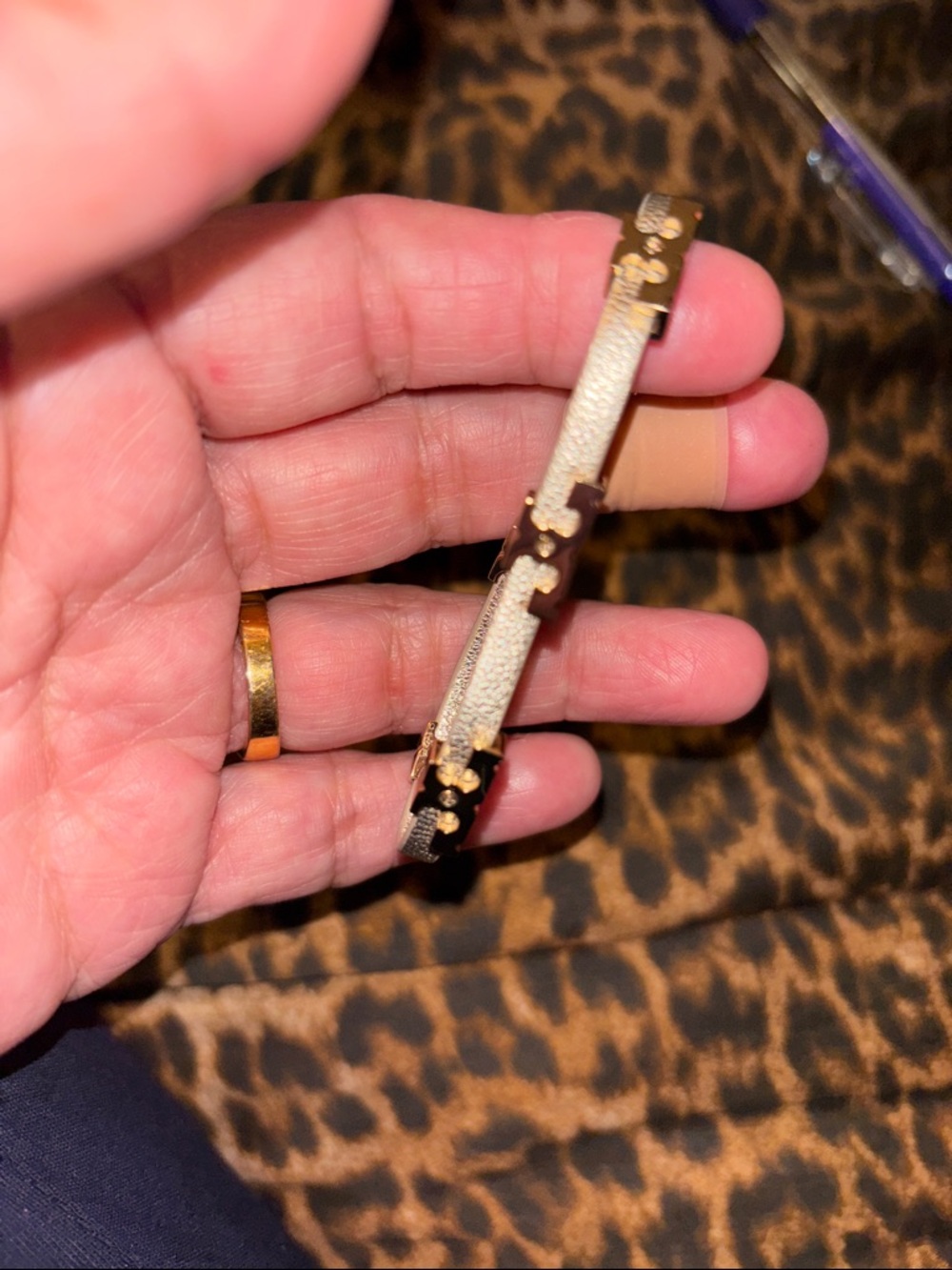 Tory Burch Gold and Beige Logo Accent Bracelet